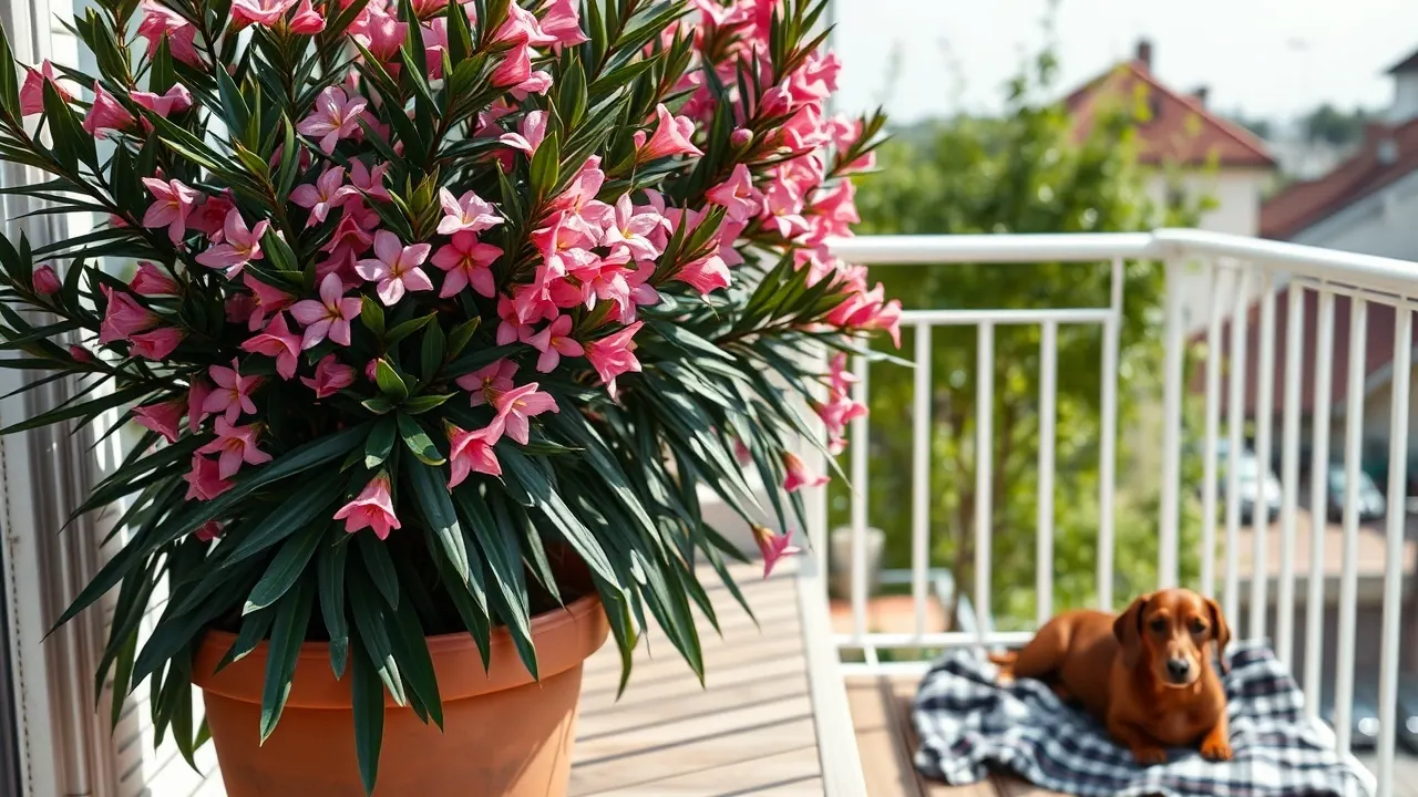 Ein rosa blühender Oleander im Terrakottatopf auf einem Balkon, in einigem Abstand liegt ein Dackel auf einer Decke