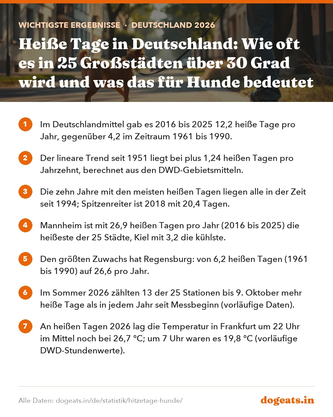 Wichtigste Ergebnisse: Heiße Tage in Deutschland: Wie oft es in 25 Großstädten über 30 Grad wird und was das für Hunde bedeutet
