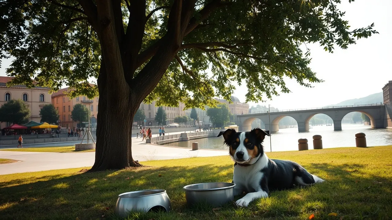 Hund liegt im Baumschatten an einer Flusspromenade in Süddeutschland, Symbolbild für heiße Tage in deutschen Städten