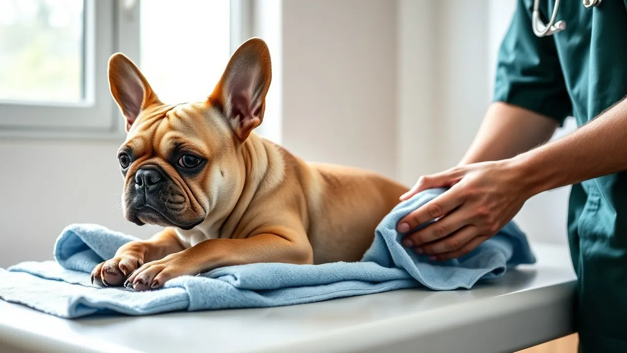 Französische Bulldogge liegt ruhig auf einem feuchten Handtuch beim Tierarzt, Symbolbild für Hitzschlag beim Hund