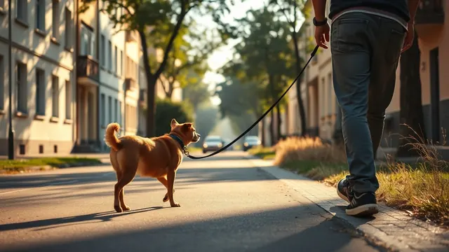 Hund an der Leine im Schatten einer Altbaustraße an einem heißen Sommerabend, Symbolbild zu Hitzetagen und Hunden