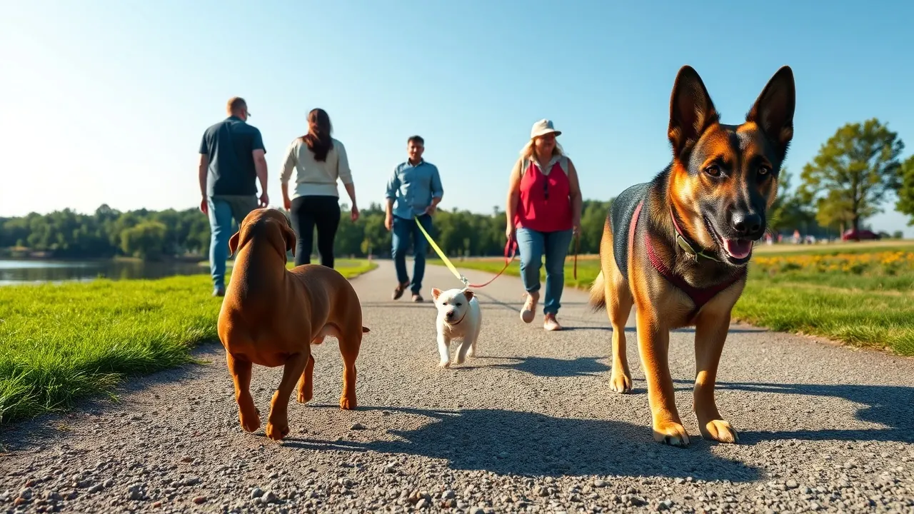 Mehrere Hunde verschiedener Rassen werden in einem Stadtpark an einem Fluss ausgeführt, Thema Hunde in Deutschland und Europa