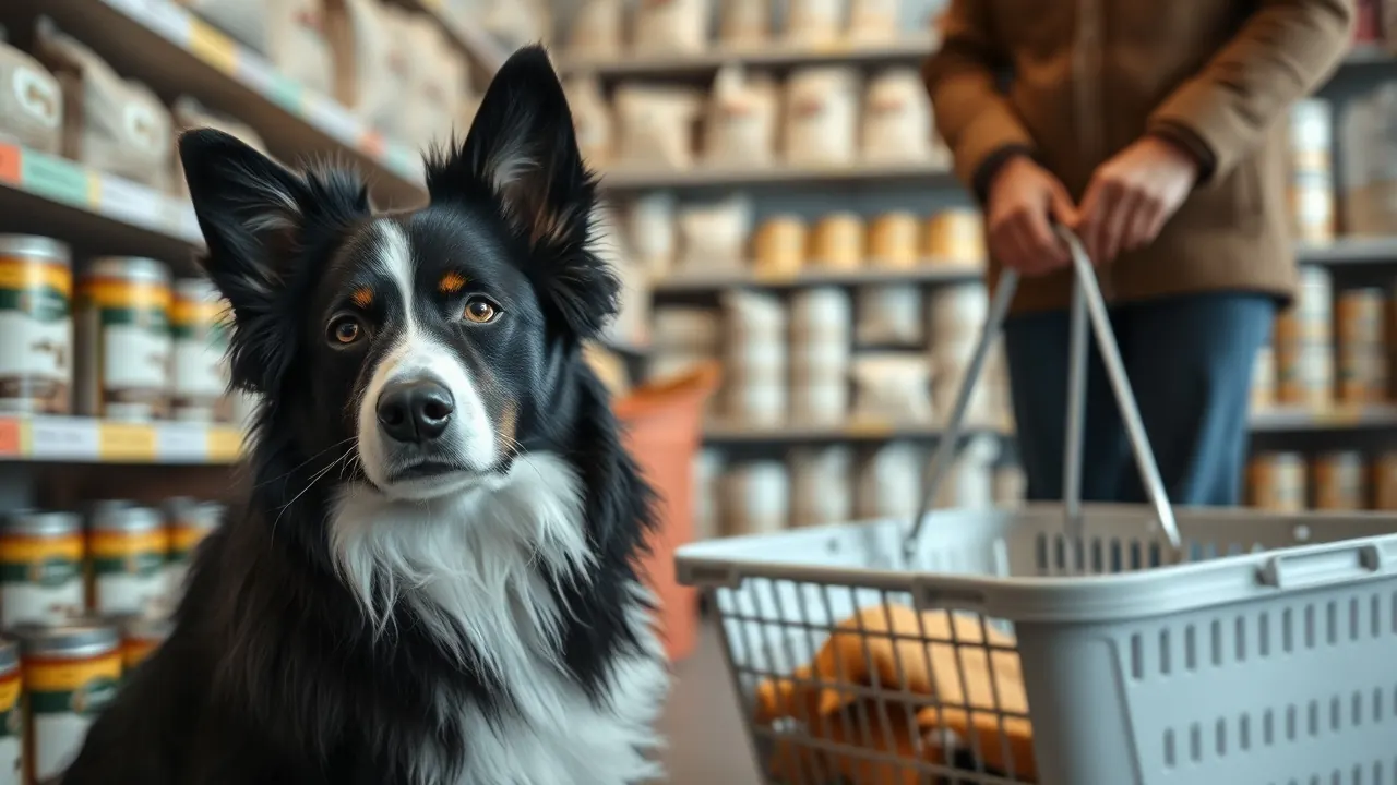 Ein Border Collie sitzt in einem Zoofachgeschäft neben einem Einkaufskorb, Thema Umsatz im deutschen Heimtiermarkt