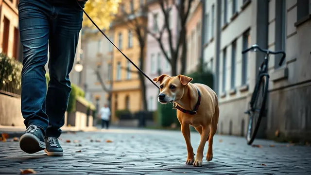 Ein Mischlingshund an der Leine auf einem Gehweg vor Altbauten in einer deutschen Stadt, Symbolbild Hunde in Deutschland