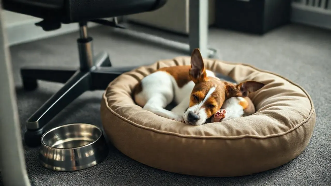 Ein Jack Russell Terrier schläft zusammengerollt in einem beigen Hundebett neben einem schwarzen Bürostuhl, daneben ein Wassernapf