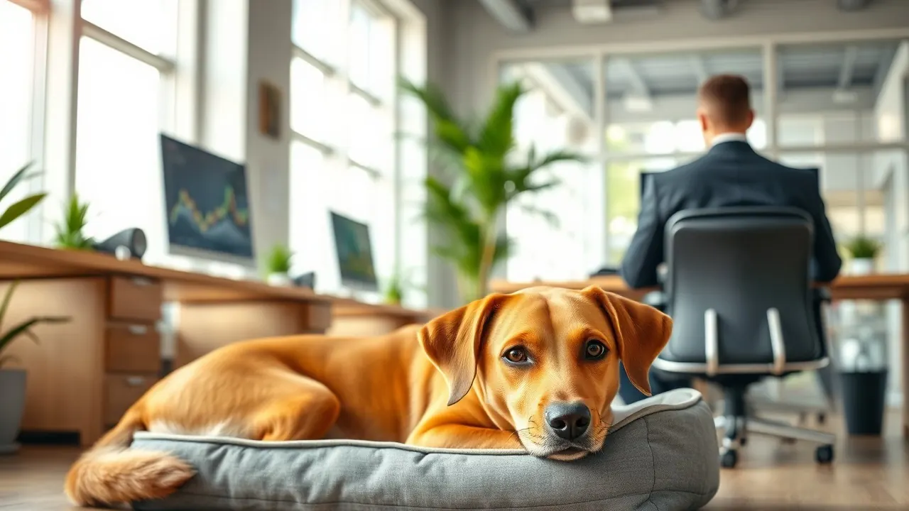 Ein hellbrauner Mischlingshund liegt entspannt auf einem grauen Hundebett unter einem Schreibtisch in einem hellen Großraumbüro, zwei Beschäftigte von hinten
