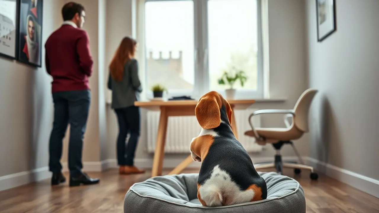 Ein Beagle sitzt auf einem runden grauen Hundebett neben einem Bürostuhl, im Hintergrund drei Kollegen von hinten am Fenster