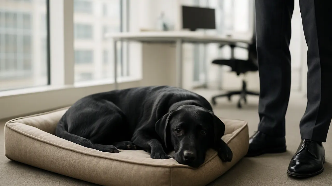 Ein schwarzer Labrador liegt ruhig auf einem Hundebett neben dem Schreibtisch in einem hellen, modernen Büro