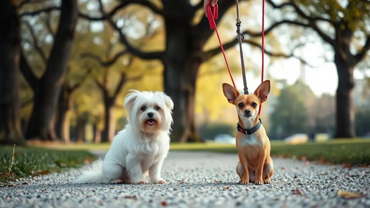 Ein Malteser und ein Chihuahua sitzen auf einem Kiesweg in einem Wiener Park, beliebte Hunderassen in Wien