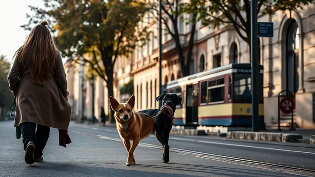 Zwei Hunde an der Leine auf einem Gehsteig vor Wiener Altbauten, Symbolbild zur Hundestatistik Österreich