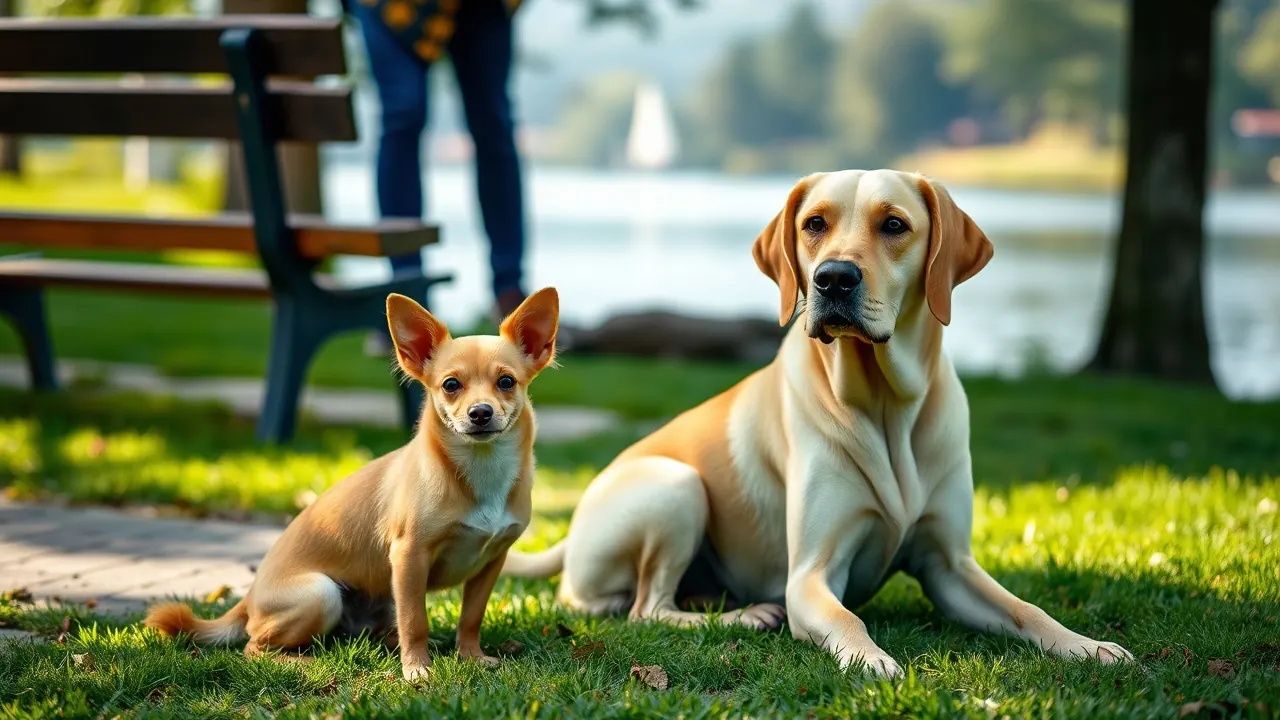 Ein Chihuahua und ein Labrador Retriever sitzen in einem Schweizer Stadtpark, die zwei häufigsten Hunderassen der Schweiz