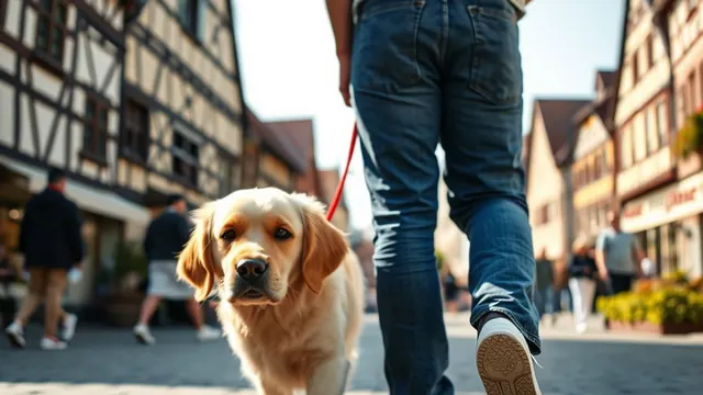 Ein Golden Retriever an kurzer Leine in einer Fußgängerzone einer deutschen Altstadt, Symbolbild zu Hundegesetzen der Bundesländer