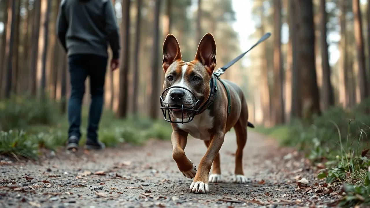 Ein Hund mit Maulkorb an kurzer Leine auf einem Waldweg in einem Kiefernwald in Brandenburg
