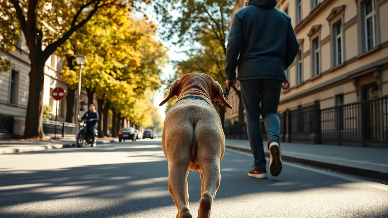 Ein Labrador an der Leine auf einem breiten Gehweg vor Wiener Gründerzeithäusern im Herbst