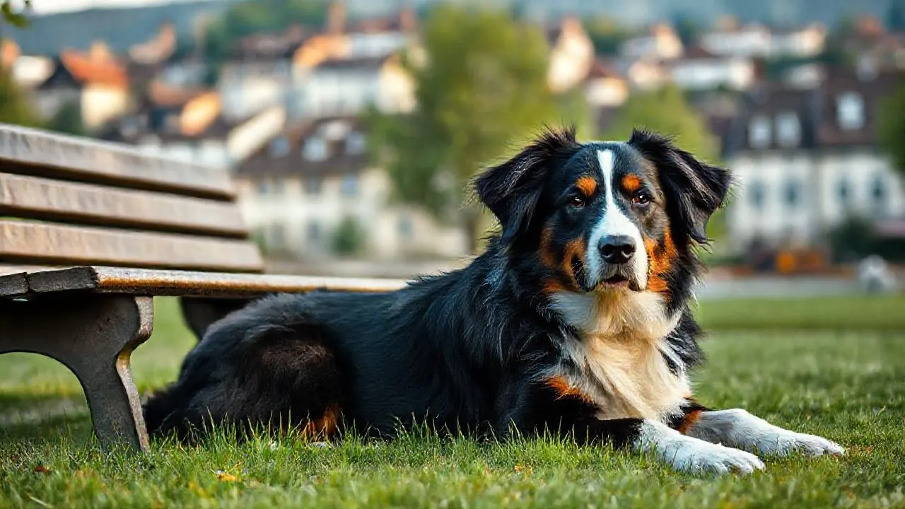 Ein Berner Sennenhund liegt auf einer Wiese neben einer Holzbank in einem Park einer Schweizer Kleinstadt