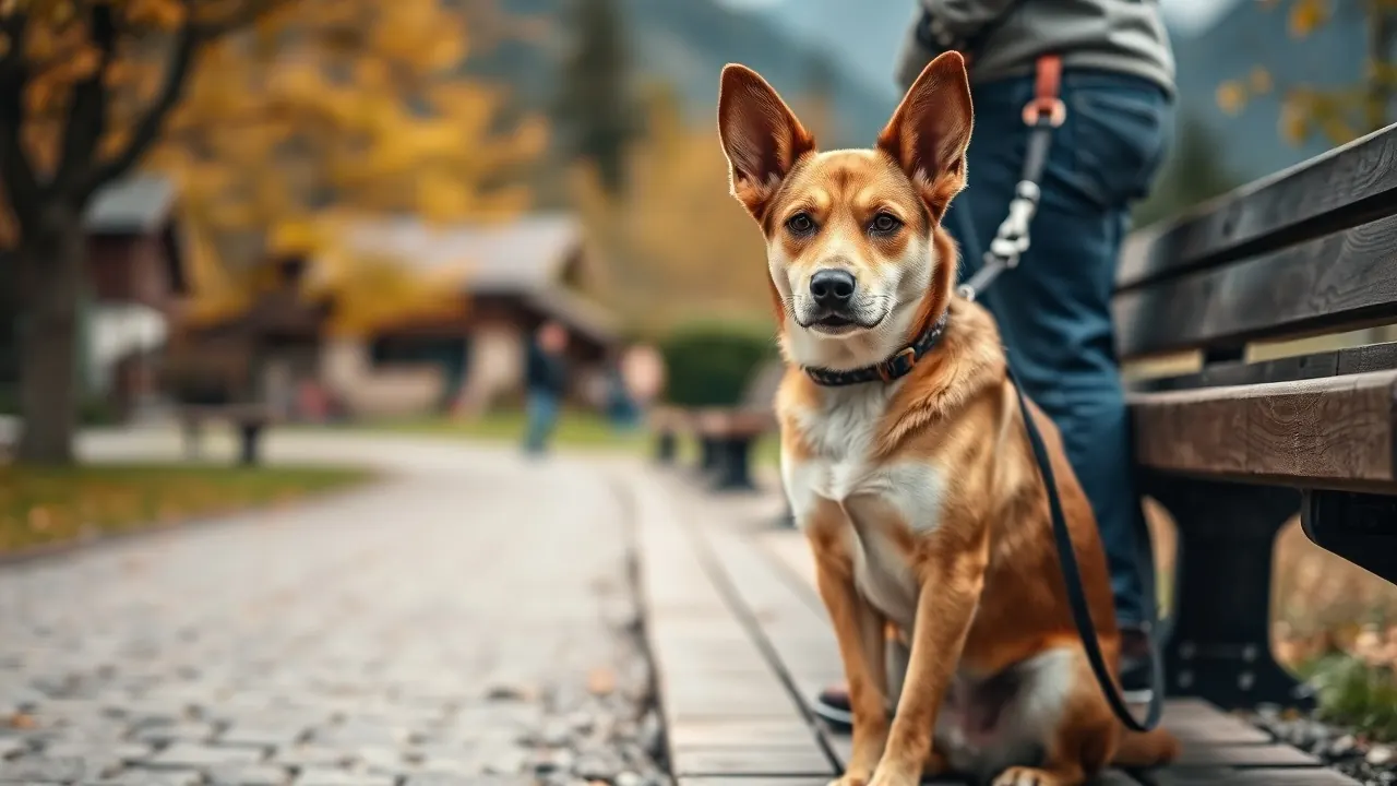 Ein Mischlingshund sitzt an der Leine neben seinem Halter auf einem Weg in einem Park in einem österreichischen Bergdorf