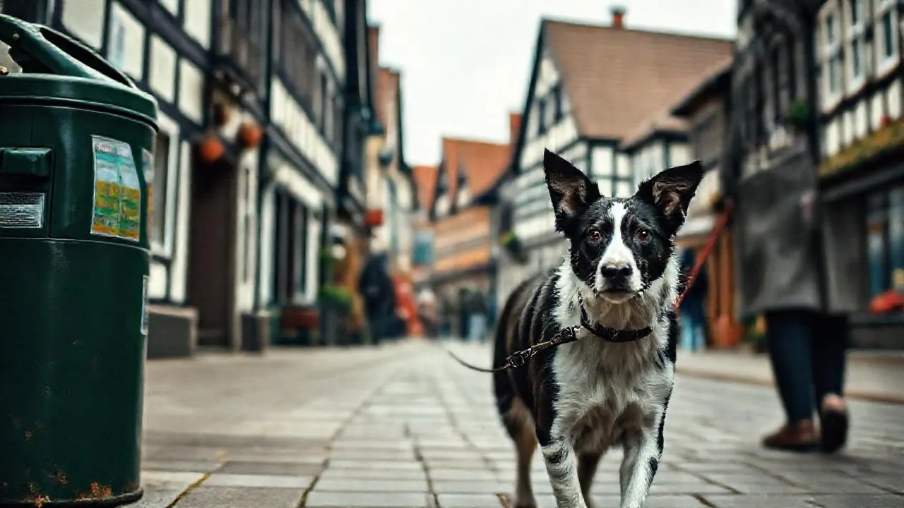 Ein Border Collie an kurzer Leine in einer Altstadtgasse mit Fachwerkhäusern, daneben ein grüner Abfalleimer mit Beutelspender