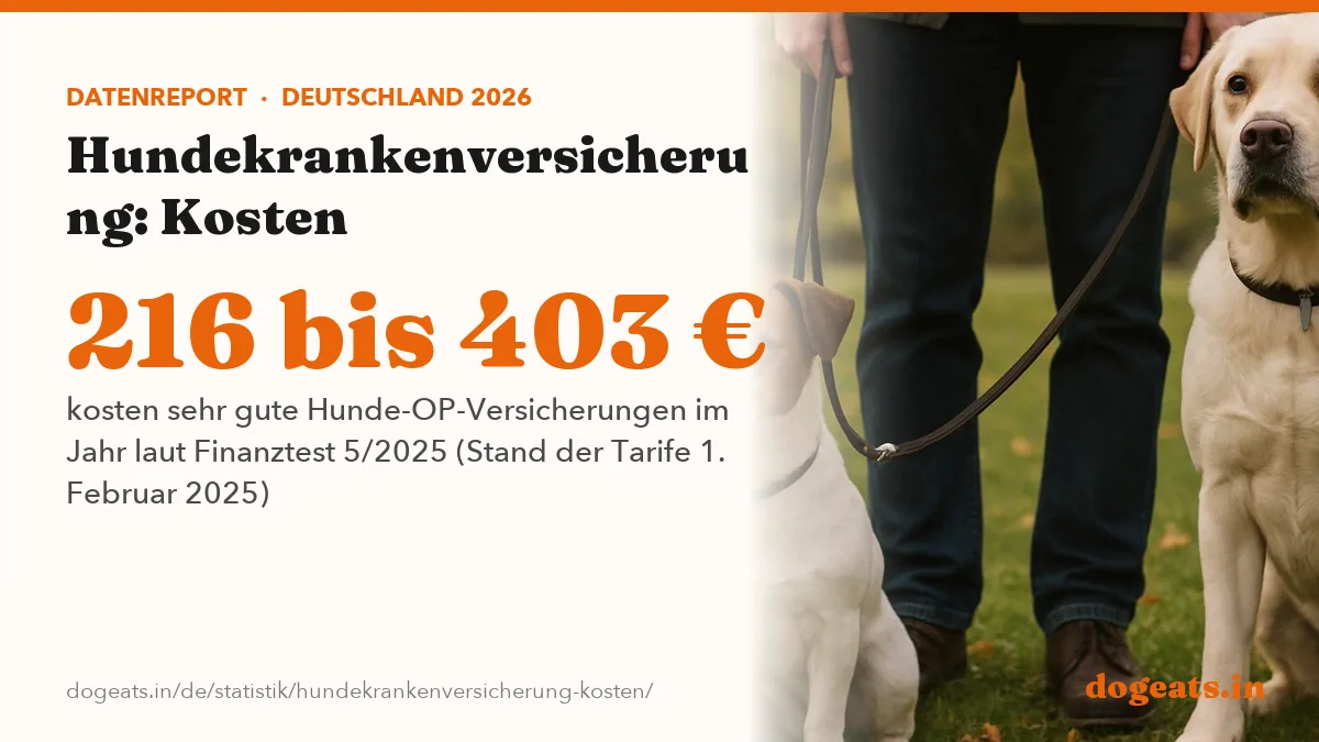 216 bis 403 € kosten sehr gute Hunde-OP-Versicherungen im Jahr laut Finanztest 5/2025 (Stand der Tarife 1. Februar 2025)