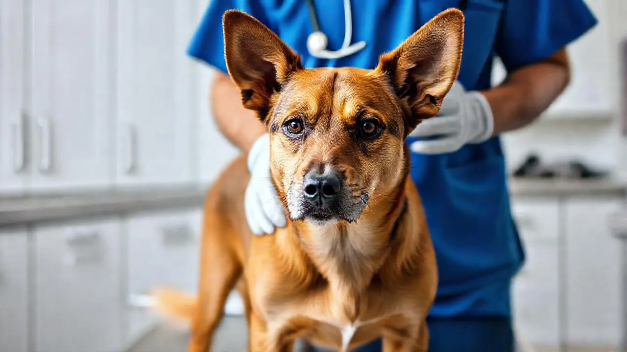 Ein brauner Mischlingshund steht ruhig auf einem Behandlungstisch in einer Tierarztpraxis, eine Tierärztin in blauer Kleidung legt die Hände auf seinen Rücken