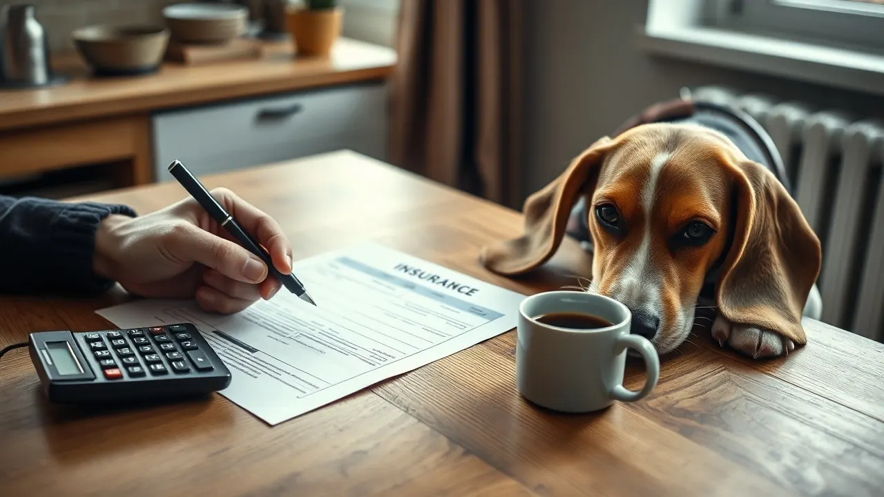 Hände mit einem Kugelschreiber über Unterlagen an einem Küchentisch, daneben ein Taschenrechner, ein Beagle legt den Kopf auf die Tischkante