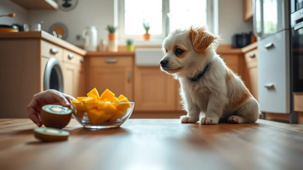 Ein kleiner cremefarbener Hund sitzt in einer Küche und schaut zu Kiwi und Mango hoch, Symbolbild Hundenamen