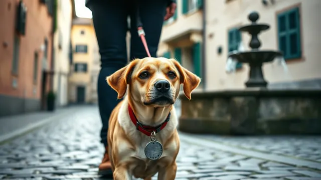 Ein hellbrauner Mischlingshund mit rotem Halsband auf einer Gasse in der Zürcher Altstadt, Symbolbild zur Hundenamen-Statistik