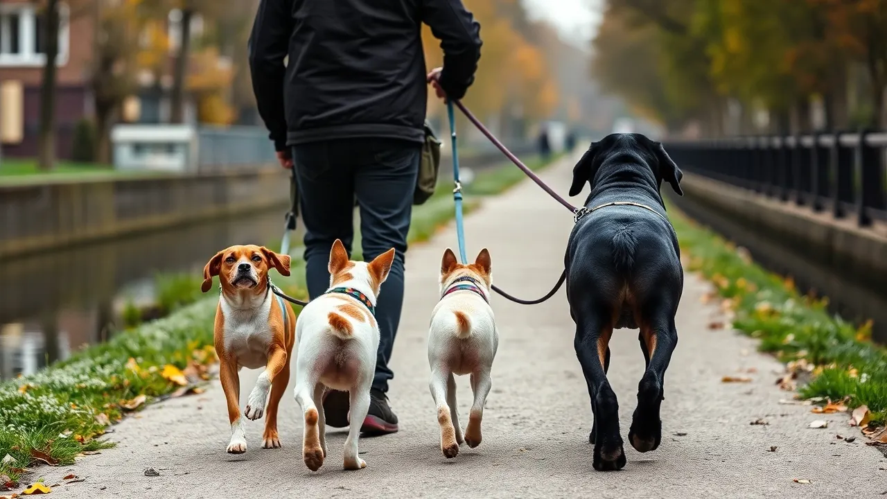 Eine Person führt drei Hunde an der Leine an einem Kanal in einer deutschen Stadt entlang, Symbolbild zur Hundesteuer nach Bundesland