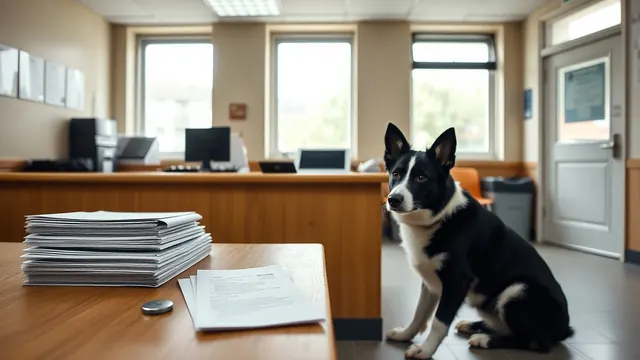 Ein Border Collie sitzt vor einem Schalter in einem Amtsgebäude, auf dem Tisch liegt eine Hundemarke, Symbolbild zur Hundesteuer