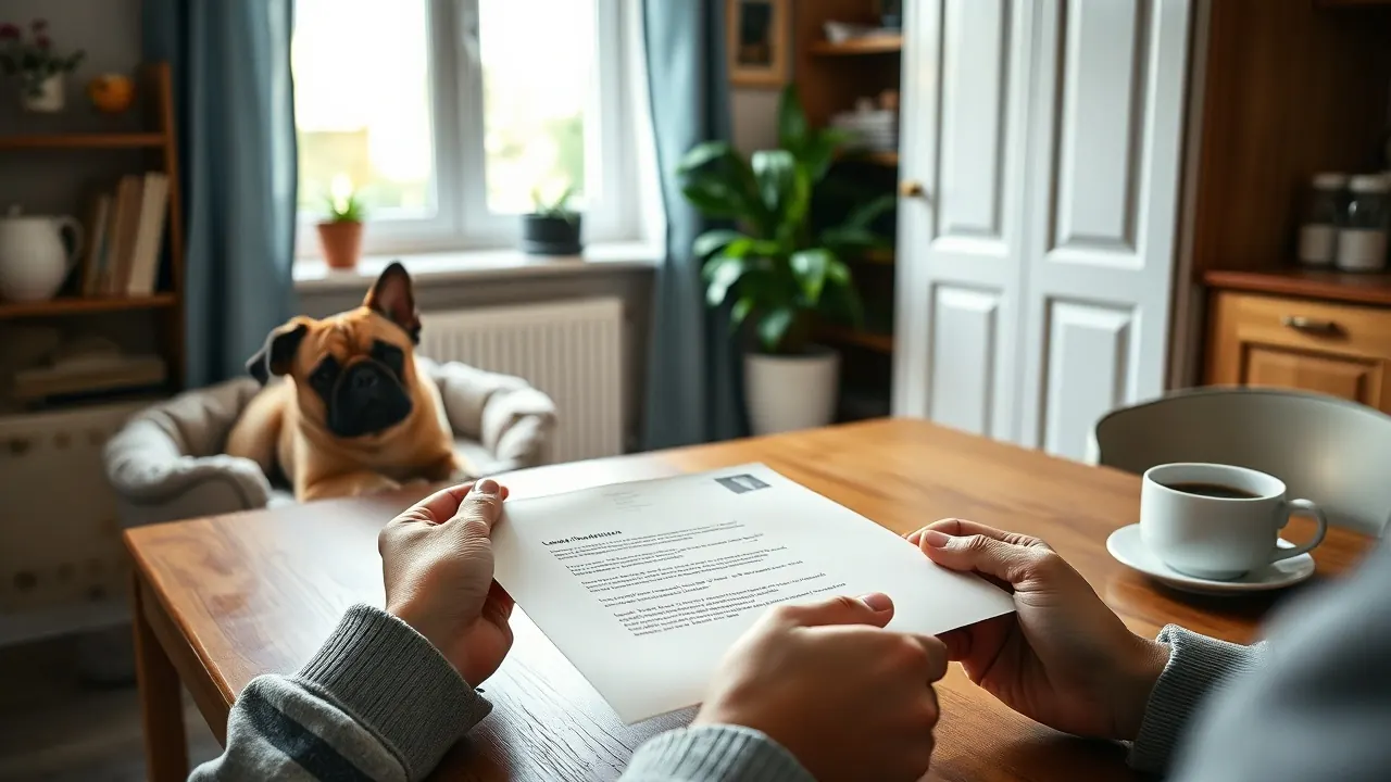 Hände öffnen einen Brief am Küchentisch, daneben liegt ein Mops im Körbchen, Symbolbild zum Hundesteuerbescheid