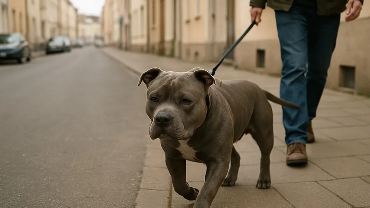 Ein kräftiger Hund mit natürlichen Ohren an der Leine in einer deutschen Stadt, Symbolbild zur Steuer für gefährliche Hunde