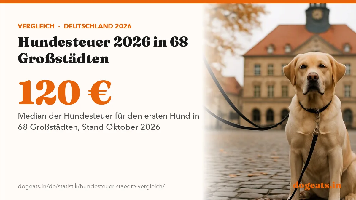 120 € Median der Hundesteuer für den ersten Hund in 68 Großstädten, Stand Oktober 2026