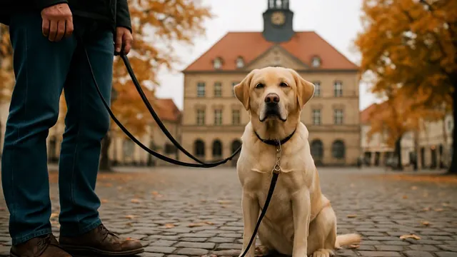 Ein Labrador an der Leine vor einem Rathaus in einer deutschen Stadt, Symbolbild zur Hundesteuer im Städtevergleich