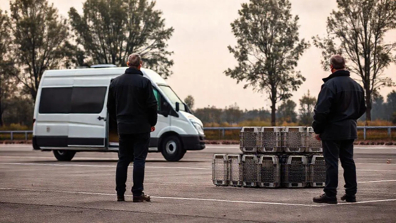 Ein Transporter mit leeren Tierboxen auf einem Autobahnrastplatz, Symbolbild zu Kontrollen gegen illegalen Welpenhandel