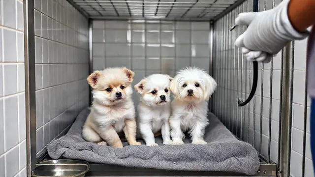 Zwei junge Welpen in einer Quarantänebox im Tierheim, Symbolbild zum illegalen Welpenhandel in Deutschland