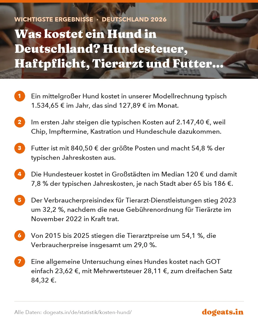 Wichtigste Ergebnisse: Was kostet ein Hund in Deutschland? Hundesteuer, Haftpflicht, Tierarzt und Futter 2026 durchgerechnet