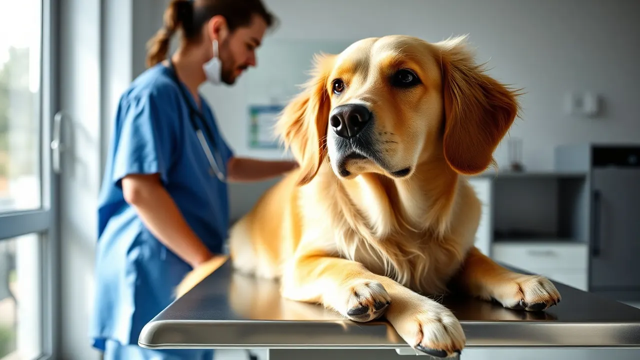Eine Tierärztin untersucht einen Golden Retriever auf dem Behandlungstisch einer Praxis, Symbolbild zu Tierarztkosten nach GOT