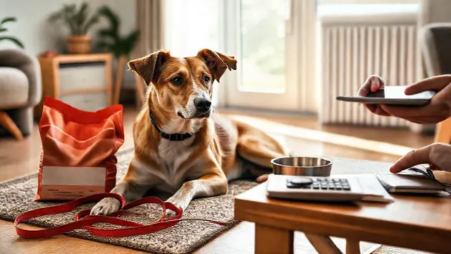 Ein Mischlingshund liegt neben Futtersack, Napf und Leine im Wohnzimmer, Symbolbild zu den Kosten eines Hundes