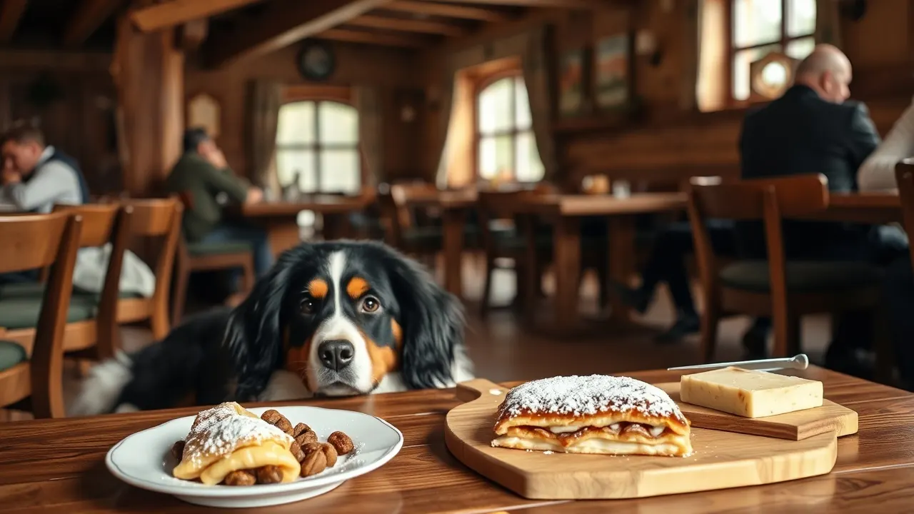 Berner Sennenhund liegt unter einem Wirtshaustisch mit Kaiserschmarrn und Apfelstrudel, Symbolbild Gerichte aus Österreich für Hunde