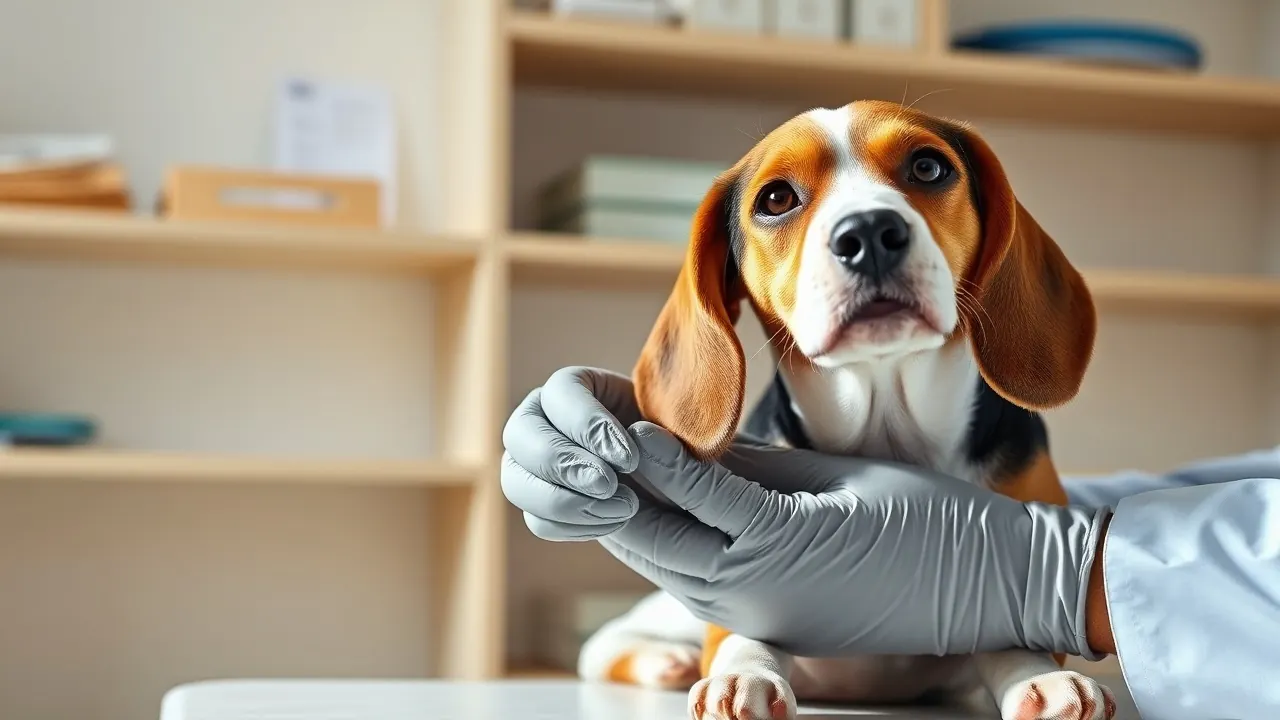 Beagle beim Tierarzt, dem das Zahnfleisch untersucht wird, Symbolbild Vergiftung durch Lebensmittel beim Hund