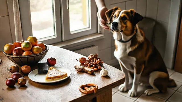Hund sitzt neben einem Küchentisch mit Äpfeln, Apfelstrudel, Schokolade, Zwiebeln, Knoblauch und Trauben, Symbolbild Lebensmittel für Hunde
