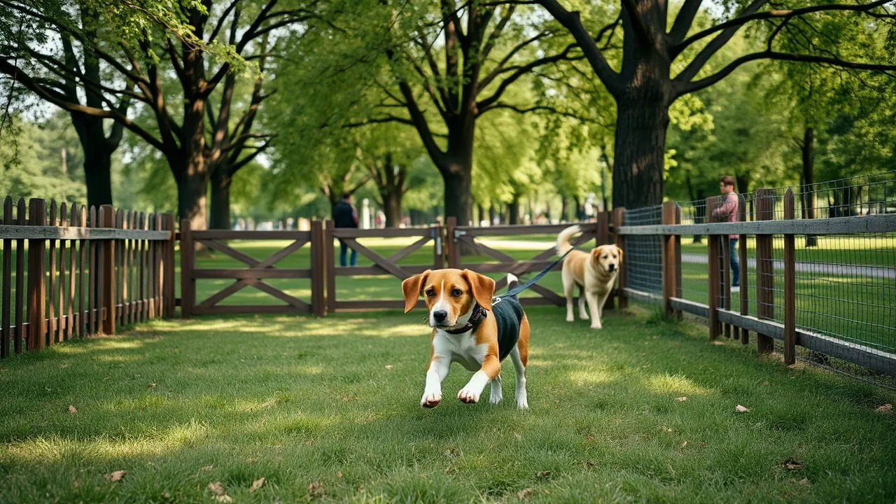 Ein Beagle läuft ohne Leine über die Wiese einer eingezäunten Hundeauslauffläche in einem Stadtpark, im Hintergrund ein Golden Retriever und Linden