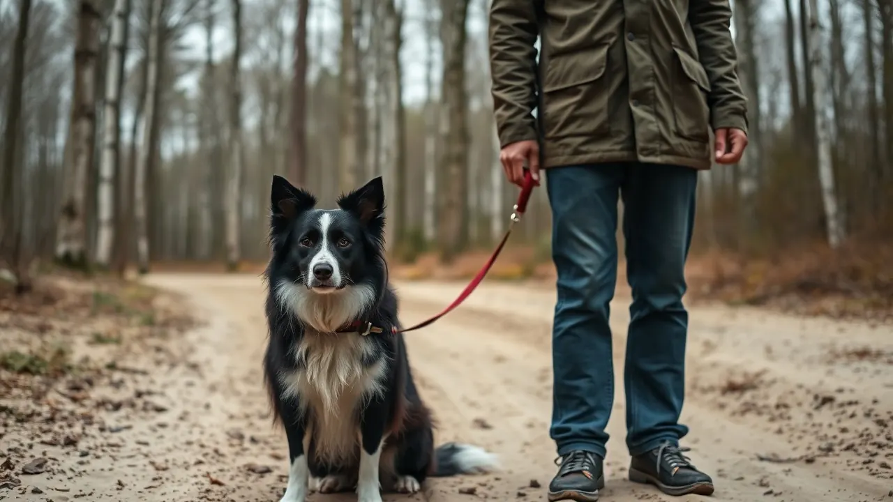 Ein Border Collie sitzt an kurzer Leine auf einem sandigen Weg in einem Kiefernwald, daneben eine Person in Outdoorjacke
