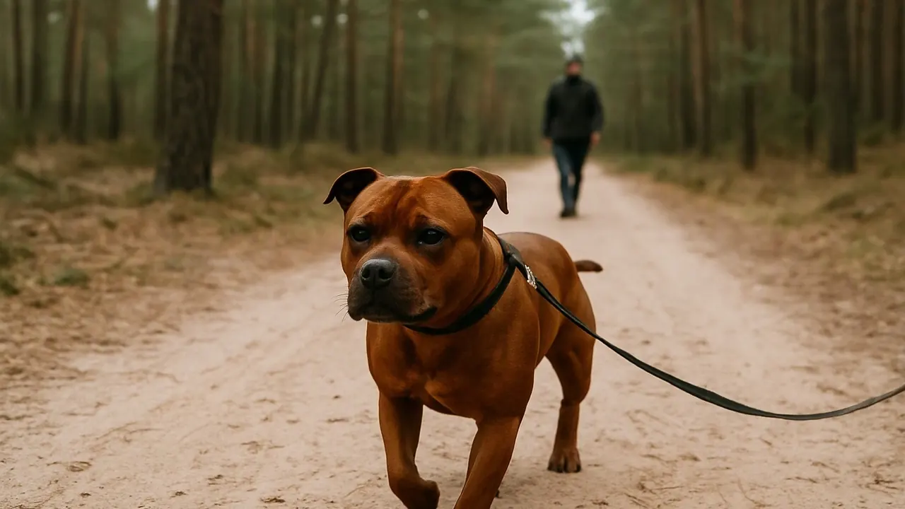 Ein Staffordshire-Hund mit natürlichen Ohren auf einem Waldweg in Norddeutschland, Bundesländer ohne Rasseliste