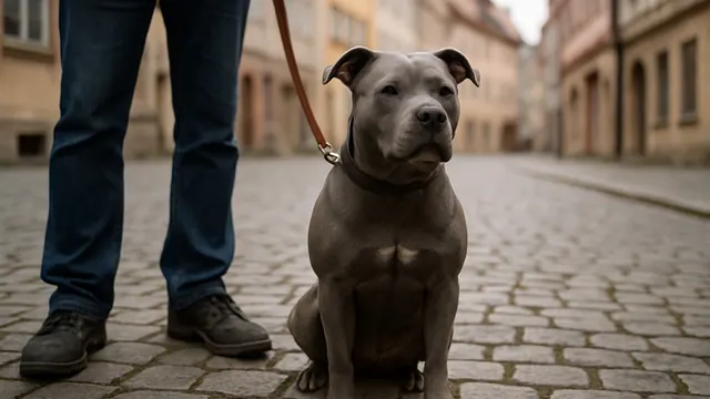 Ein American Staffordshire Terrier mit natürlichen Ohren an der Leine in einer deutschen Altstadt, Symbolbild zu Listenhunden