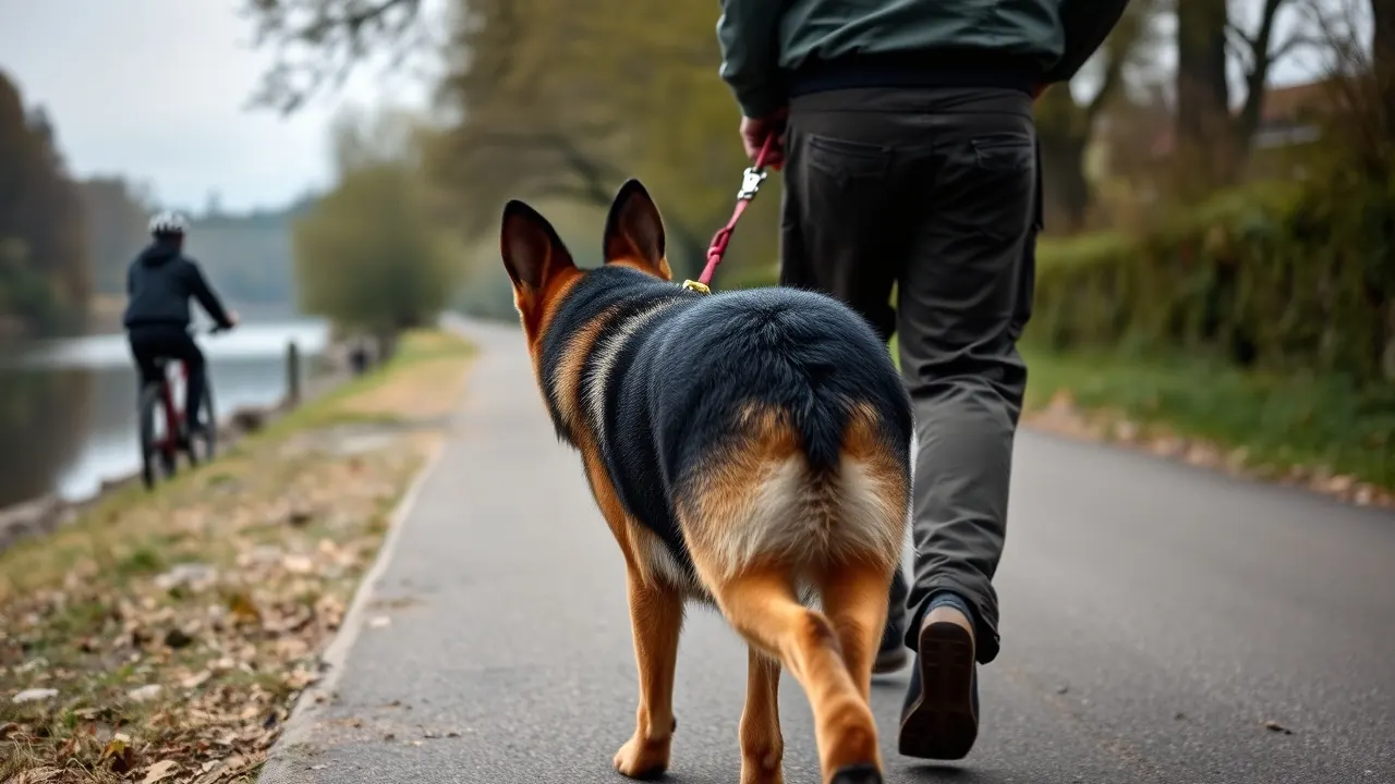 Ein Deutscher Schäferhund geht an kurzer Leine auf einem Uferweg, ein Radfahrer fährt von hinten gesehen in einigem Abstand vorbei