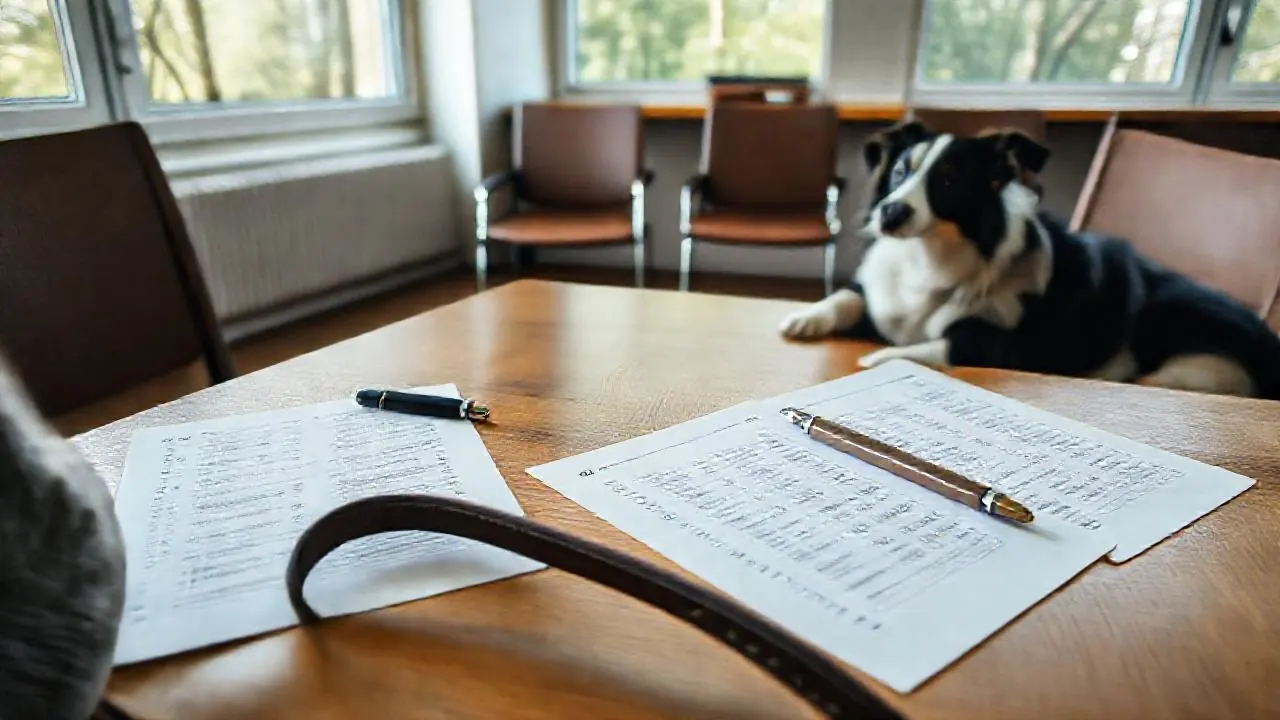 Ein Border Collie liegt neben einem Tisch mit Prüfungsbögen und einer Leine, eine Person sitzt am Tisch, nur Oberkörper ohne Gesicht zu sehen