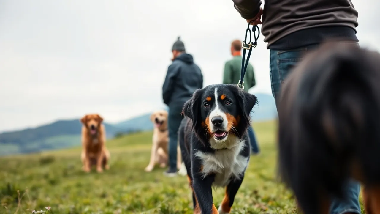 Ein Berner Sennenhund geht an der Leine auf einer Wiese bei einem Gruppenkurs, im Hintergrund zwei weitere Hunde mit Haltern von hinten