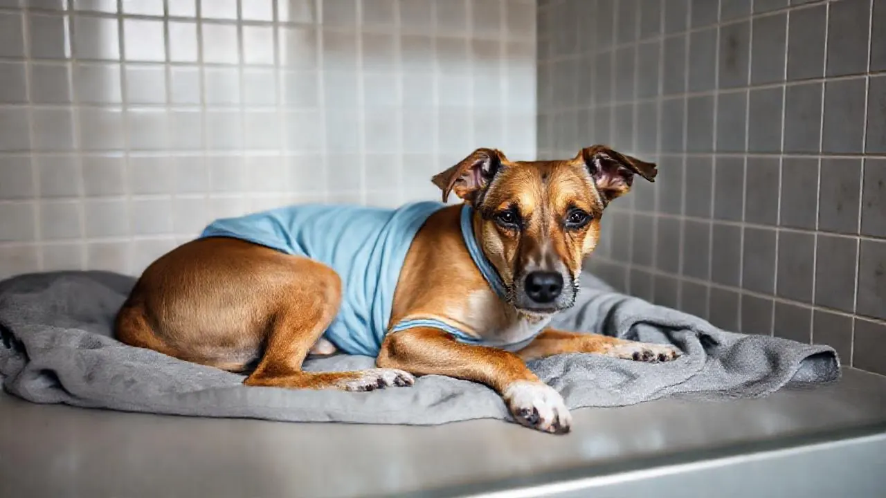 Ein Mischlingshund ruht nach der Kastration entspannt auf einer Decke in einer Tierklinik