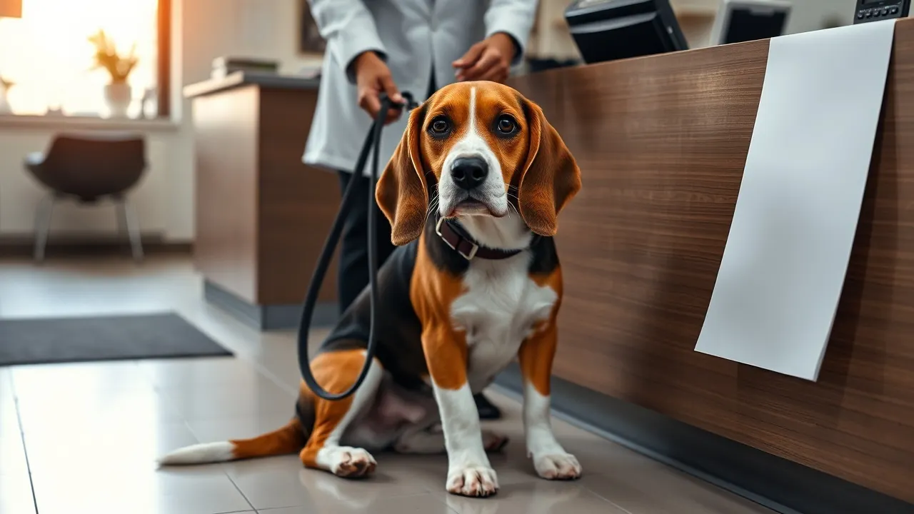 Hände einer Hundehalterin mit Leine am Empfang einer Tierarztpraxis, ein Beagle sitzt daneben, Thema Tierarztrechnung