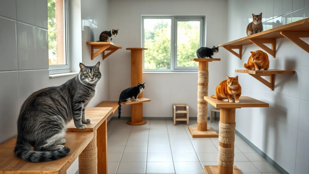 Mehrere Katzen ruhen auf Holzregalen in einem Katzenzimmer eines Tierheims, Symbolbild zu Fundkatzen in Berlin